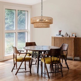 LamQee Farmhouse Rattan Chandeliers for Dining Room, 5 Lights Boho Chandelier Light Fixture with Hand Woven Wicker Shade, Large Rattan Pendant Lights Ceiling Hanging Lighting Kitchen Island Entryway