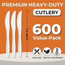600Pack Disposable Plastic Knives Bulk White Heavy Duty Silverware - Value Pack Cutlery Set For Parties, Restaurant (600KNIVES)