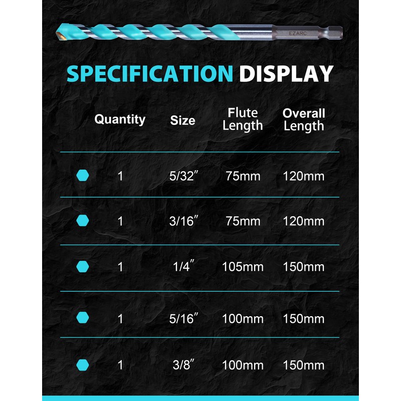 EZARC Masonry Drill Bit Set, Concrete Drill Bit Set with