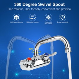 KWODE 4” Center Commercial Hand Sink Faucet with 6” Swivel Spout, Dual Lever Handles Utility Wall Mount Kitchen Sink Faucet for Bar,1/2” NPT Male Inlet, Brass Constructed, Chrome