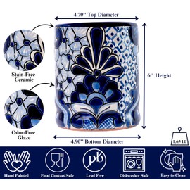 Talavera Utensil Holder - Hand Painted Ceramic Spoon Crock - Colorful Utensil Crock - Large Mexican Spoon Rest 6" H (White & Blue)