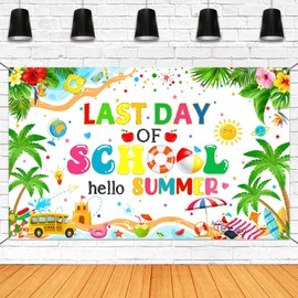 Mocsicka Happy Last Day of School Hello Summer Banner End of School Year Party Decorations Backdrop White for Kids Summer Vacation Party Supplies Photo Booth Props (White, 70.8 x 43.3 Inch)