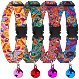 4PCS Breakaway Cat Collars with Bell, Cute Kitty Adjustable Safe Kitten Collars, 4-Pack, Nylon Pet Collars Cookies Donut Sweet Travel Print (Travel & Cookies)
