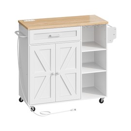 CHOEZON Kitchen Island Trolley with Power Outlet, Spice Rack, Rolling Storage Cart with Drawer, Versatile Island Table with Cabinet, for Dining Room, White and Natural MZD02UWNC1