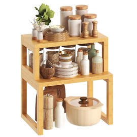 HOOBRO Spice Rack, Set of 2 Kitchen Organisers, Bamboo Kitchen Shelf, Cupboard Organiser, Spice Holder, Small Shelf for Kitchen, Dining Room, Living Room, Office, Bedroom, Bathroom, Natural EYL12TL01