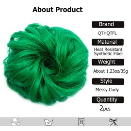 QTHQTFL 2pcs Messy Bun Hair Piece Scrunchie Hair Bun Hair Pieces for Women Girls Elastic Rubber Band Curly Wavy Synthetic Hair Bun Scrunchies Ponytail Extensions (Green)