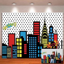 Super City Photography Backdrops Skyline Buildings City Boom Photo Background Fabric Children Birthday Newborn Baby Shower Party Banner Studio Photo Props 7x5ft