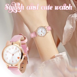 Girls Wrist Watch, Analog Quartz Watch with Pink Case, Easy-to-Read Dial, Cute Heart Pattern, and Adjustable Leather Strap – Stylish Timepiece for Kids and Teen Girls