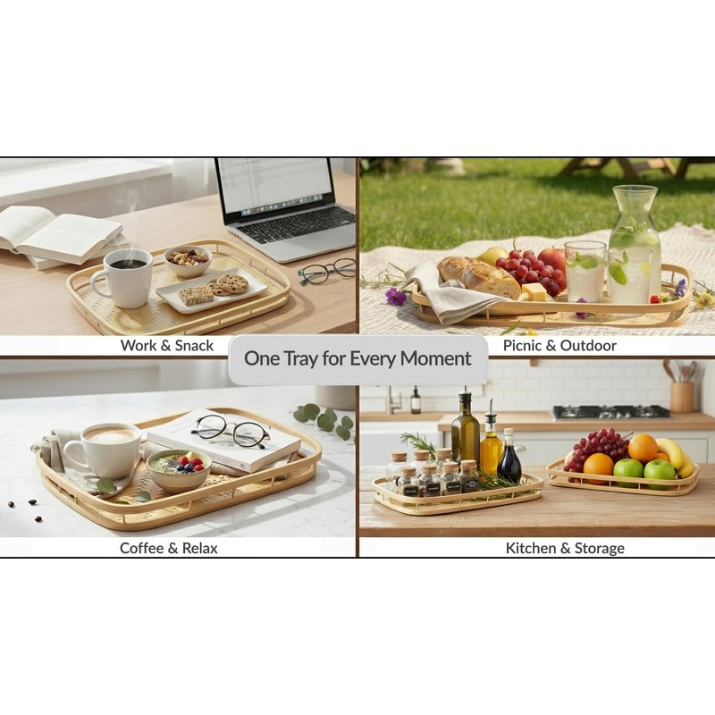 PEMAR Wicker Serving Trays w Handles,Rectangular Hand-Woven Lap Trays,Bamboo Bedroom