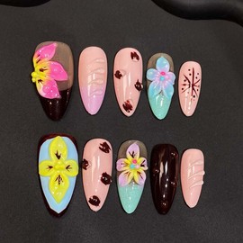 Handmade Press On Nails Medium Almond Fake Nails French Tip False Nails With 3D Flower Design Full Cover Acrylic Nail Glossy Floral Stick On Nail For Women DIY Manicure 10Pcs(SIZE:S)