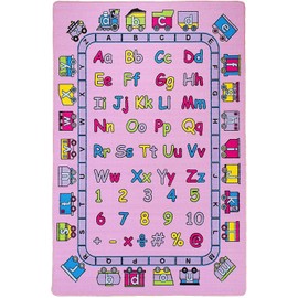 Kids/Baby Room/Daycare/Playroom Area Rug. Alphabet. Numbers. Train. Educational. Fun. Non-Slip Gel Back Pink Purple Bright Colorful Crawling Mat Kids Playmat Waterproof for Babies, Infants, Toddler