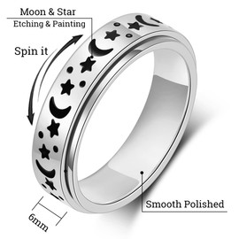 OreilleStar Anxiety Ring for Women Fidget Ring Anxiety Relief Items Spinner Rings for Anxiety Silver Moon Star Fidget Rings for Women men Anxiety Band Ring