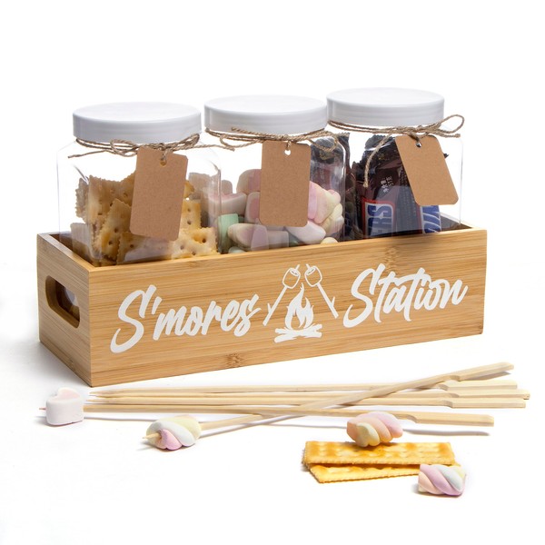 Smores Kit for Fire Pit - Smores Caddy with Jar & Smores Sticks for Smores Maker | Smores Station Smores Gift Set | Wooden Box for S'Mores Kit & Camping Supplies Includes Marshmallow Roasting Sticks