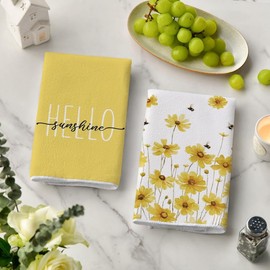 Disoza Hello & Yellow Daisy 24 * 16 inch Microfiber Kitchen Towels, 2 Pack,Reusable Paper Tea Rags Hand Wash Cloths Dish Cleaning Towels for Kitchen Essentials Accesorios and Dishcloths Sets Rags