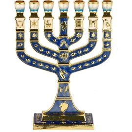 Esmalte Azul Menorá 7 Ramas Jerusalén 12 Tribus de Israel - Altura 12,7 cm