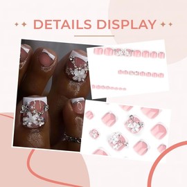 White French Tip Press on Toenails Short Square Fake Toe Nails with Silver Butterfly White Flower Glitter Rhinestone Design False Toenails Acrylic Toenails Kit for Women Pink Toenail Press Ons Summer