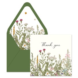 Whaline 24 Pack Vintage Wildflower Thank You Card Green Flower Greeting Card with Envelope Sticker Blank Note Card for Baby Shower Spring Party Invitation Supplies, 5 x 5 Inch