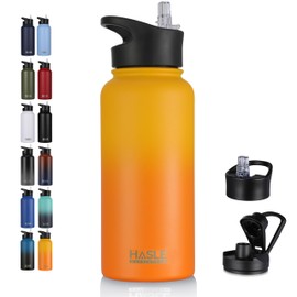 HASLE OUTFITTERS 32 oz Insulated Water Bottle Stainless Steel Double Walled Vacuum Sports Water Bottle with 2 Lids (Straw and Spout Lid) for Gym Camping Hiking(Yellow Orange Gradient,1)