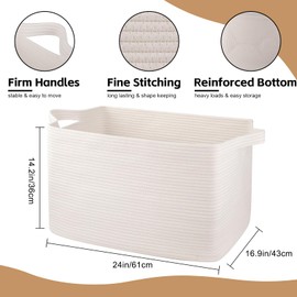 OIASKET 95L Extra Large Blanket Basket, 24" x 16.9" x 14.2" Woven Storage Basket for Living Room, Rectangle Nursery Blanket Storage for Toys, Towels, Dirty Clothes (White)