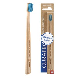 Cepillo de dientes de madera Curaprox CS: cuidado bucal ecológico | Eliminación ultrasuave de la placa | Mango de madera de haya, paquete individual | Colores aleatorios