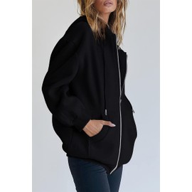 Jhsnjnr Womens Long Sleeve Hooded Sweatshirt Full Zip Up Solid Hoodies Oversized Jacket with Pocket Black