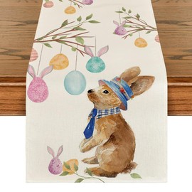 Easter Table Runner, Rabbit Colourful Eggs, Easter Tablecloth, Easter Decoration, Colourful Easter Eggs, Rabbit Tablecloth, Polyester Spring, Easter Decoration, Indoor Outdoor for Home Dining Room, 35