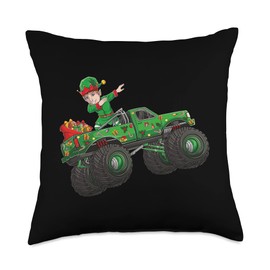 dabbing Elf on monster truck pjs pajama gifts idea Christmas Elf Riding Monster Truck Boys Kids Girls Men Xmas Throw Pillow, 18x18, Multicolor