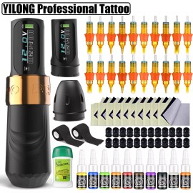 YILONG Coreless Motor Wireless Power Tattoo Gun Machine Makeup Pen Complete Kit 2000mAh - Silver