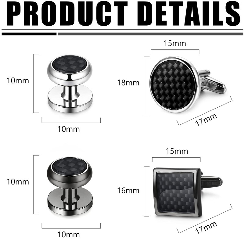 LOYALLOOK 8pcs Mens Carbon Fiber Cufflinks and Shirt Studs Set