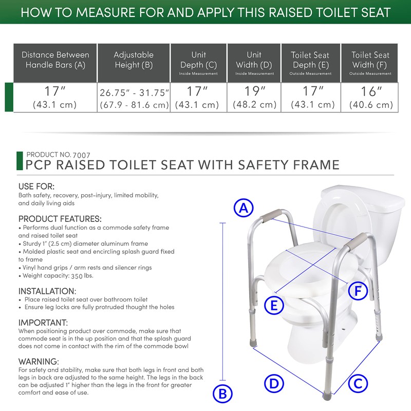 PCP Raised Toilet Seat and Safety Frame, Pre-Assembled Tool Free,