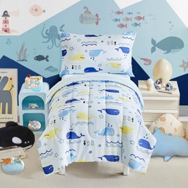 Whale Toddler Bedding Set for Boys Girls Navy Blue Colorful Ocean Sea 4PC Toddler Bed Set - Soft Yellow Blue Cute Toddler White Bed in a Bag with Sheet Set and Pillow Shams