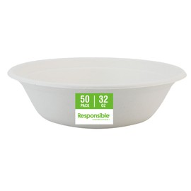 Responsible Products 32 oz Bowls, Tree-Less™ Compostable Molded Fiber Bowls, Extra Strength, Tree-Free and Made Without PFAS, Classic White (50 Count)