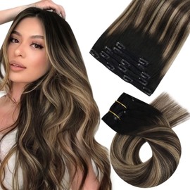 Moresoo Clip-In Human Hair Extensions, Black, Remy Hair Extension Clips, Black Balayage, Black to Dark Brown with Caramel Blonde, 5 Pieces, 70 g, 25 cm, #1B/3/27