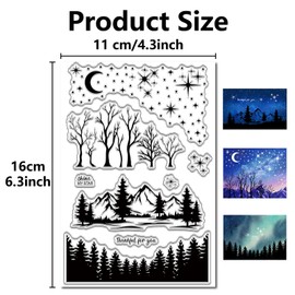 CRASPIRE Pine Tree Forest Mountain Scenery Clear Rubber Stamp Star Moon Vintage Christmas Transparent Silicone Seals Stamp Retro for Journaling Card Making DIY Scrapbooking Handmade Album Notebook