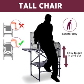 Tisetrail Tall Directors Chair 30" Seat Height, Bar Height Folding Chair with Side Table, Foldable Camping Chair with Side Pocket for Makeup Artist, Sports Event, Supports 400LBS - Black/Gray