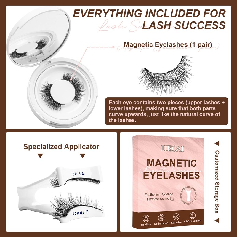 JIECAI Magnetic Eyelashes with Applicator No Glue Needed Lashes Natural