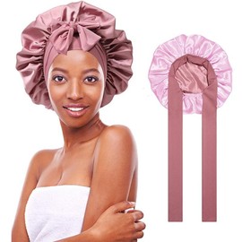 AWAYTR Satin Bonnet Silk Like Bonnets for Sleeping Sleep Cap Double Layer Haircare Bonnet with Elastic Tie Band for Curly Hair Night Cap Pink:_Pink