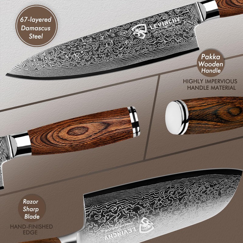LEVINCHY Damascus Kitchen Knife Set 3 Pieces, Chef Knife/Santoku/Steak, Handmade