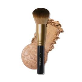 LAURA GELLER NEW YORK Brocha de maquillaje en polvo de cara completa con mango de madera en negro medianoche – base, polvo fijador, rubor, bronceador, iluminador y luminizadores – Aplicación transparente y uniforme y mezcla de maquillaje