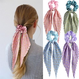 Hair Scarf Scrunchies Floral Hair Scrunchies Boho Elastic Floral Bow Ponytail Hair Accessories for Women Girls Elegant Holiday Gift 4 Pcs