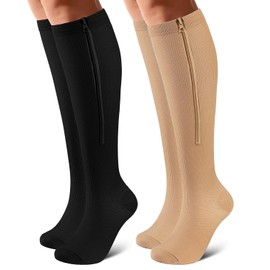 OUIVIAL Zipper Compression Socks Close Toe 2 Pairs for Women&Men 15-20mmHg Knee High Support Socks for Running Cycling