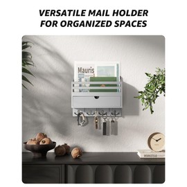 Rebee Vision Decorative Mail Organizer Wall Mounted with 7 Key Hooks - Stylish Key and Mail Holder for Wall with Drawer Organizer - Home Decor Aesthetic for Apartment Essentials (Gray)