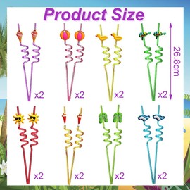 Pack of 16 Spiral Straws, PET Reusable Straws, Summer Hawaii Pool Straws for Birthday Party, Party Decoration, Family Party Supplies (A)