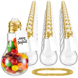 Tessco 48 Pieces 100 ML Plastic Light Bulb Jars with Card and String, Light Bulb Candy Containers Clear Candy Jars Fillable Lightbulb Ornaments for Christmas Crafts Party Favors(Gold)