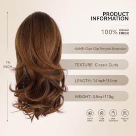 ZQIAN BEAUTY Claw Clip Ponytail Extension - 14 Inch Curly Ponytail Extension, Wavy Pony Tails Hair Extensions, Synthetic Hair Extensions Ponytail, Clip On Ponytails for Women (Color: Copper Brown)