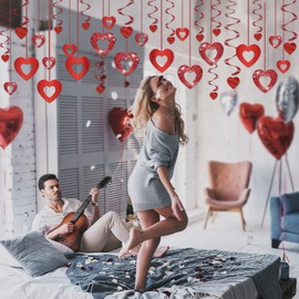 LANMOK 38pcs Heart Hanging Decorations Valentine's Day Decors Includes 20pcs Hollow Heart & 18pcs Hanging Heart Swirls for Valentine's Day Wedding Anniversary Engagement Bridal Shower