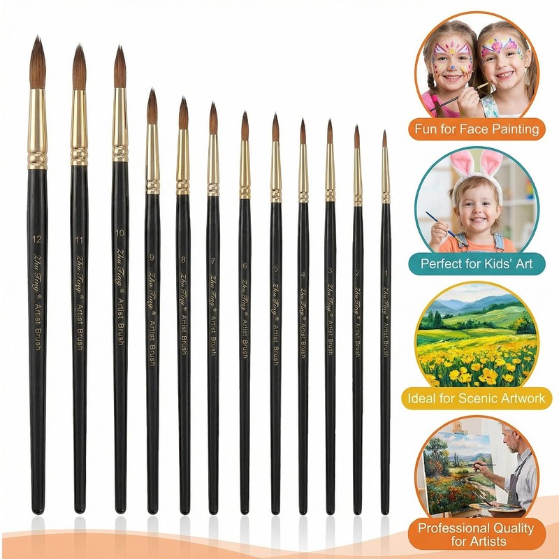 SULIKJHUI 12 Pcs Round Watercolor Brushes, Artist Watercolor Paint Brushes