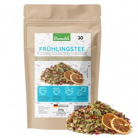 Biomatea Spring Tea - 100g Aromatic Herbal Fruit Tea Blend with Cinnamon, Chamomile, Hibiscus & Apple - Makes Approximately 30 Cups, Flower Tea, Wellness Tea Bottled in Germany