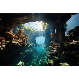 Riivvdise Aquarium Background Aquatic Stone Pillars Vibrant Fish Lively Coral Reef Terrarium Backdrop Deep Blue Sea Under Water World Fish Tank Background Rock Sunlight Rays Wallpaper Vinyl 36x18in