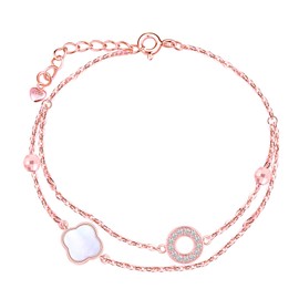 INFINIONLY Fashion Women's Silver Bracelet 925 Silver White Mother of Pearl - Circle with Zirconia Bracelets Elegant Double Adjustable Anchor Chain Clover Girl Rose Gold Bracelet, Sterling Silver,